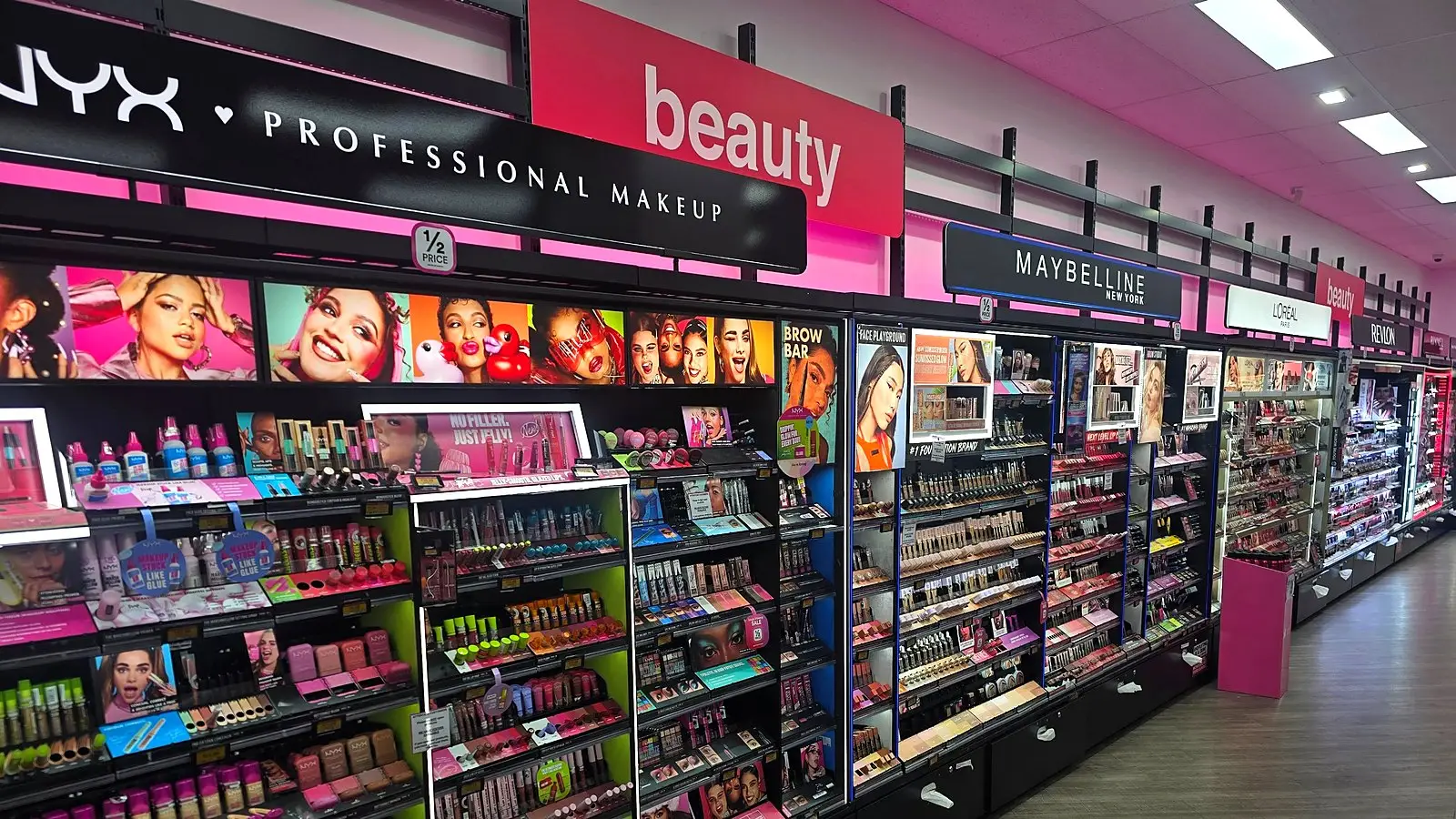 The beauty aisle at Priceline Pharmacy Pacific Fair, with NYX, Maybelline, L’Oréal and Revlon bays